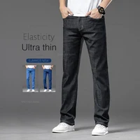 Plus Size Men's Thin Jeans Summer New Classic Straight Loose Elastic Denim Pants Fashion Business Casual Trousers 42 44 46
