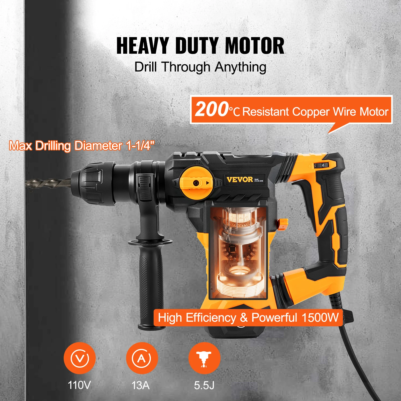 VEVOR 1500W Rotary Hammer Drill Max Drilling 32mm 4 Modes SDS-Plus Corded Demolition Chipping Metal Concrete Breaker Jackhammer 3
