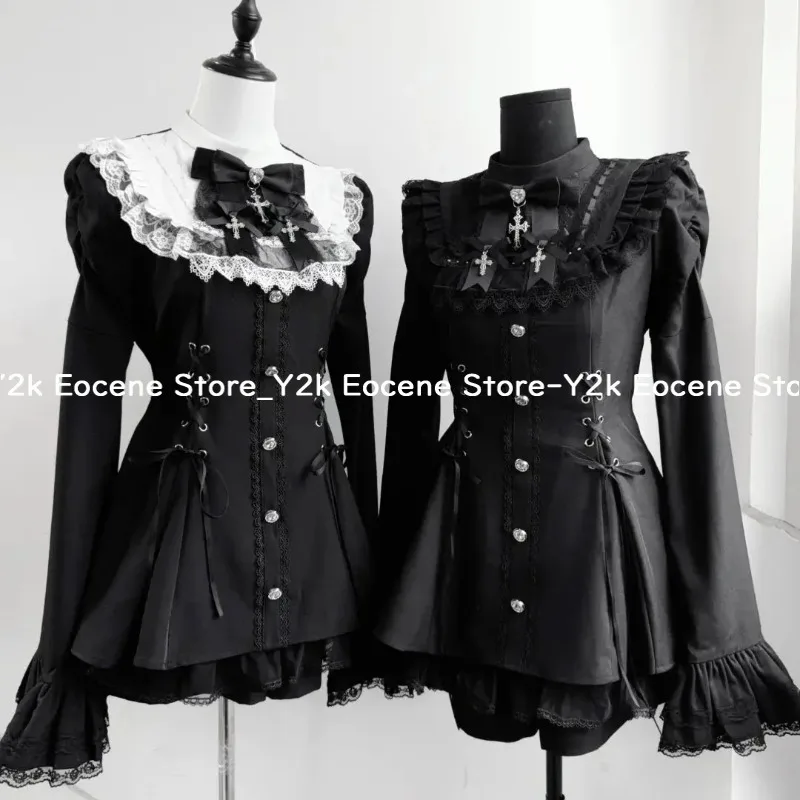 Y2k Aesthetic Lolita Style Bow Dress Shorts Set Women Kawaii Lace Flare Sleeve Bow Shirt Dress Japanese Punk Party Mini