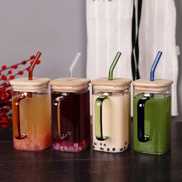 400ml Square Glass Cup with Colored Handle Straw Hot and Cold