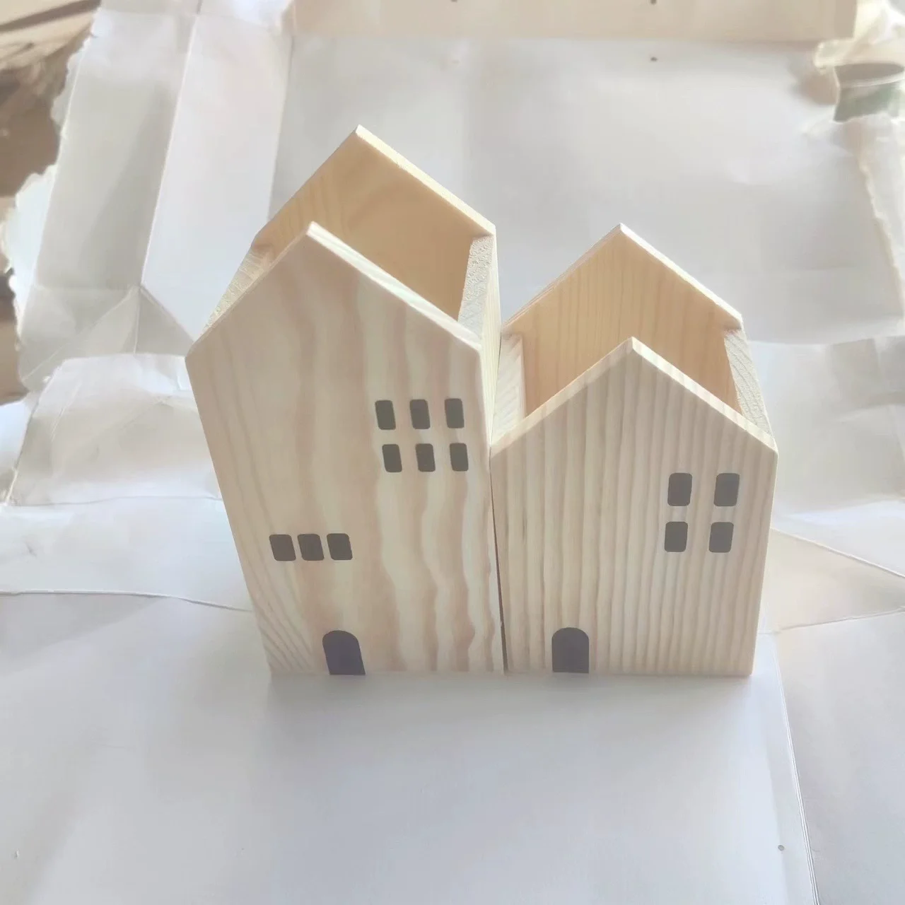 2pcs House Wooden Pen Holder Pencil container Makeup Brush Stationery storage box Student/ Office Desktop Storage Organiser 3