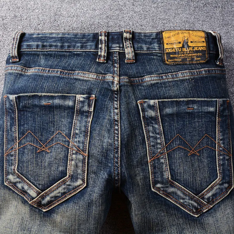 Fashion Designer Men Jeans Retro Black Blue Slim Ripped Jeans Men Stretch Trousers Embroidery Patched Vintage Casual Denim Pants