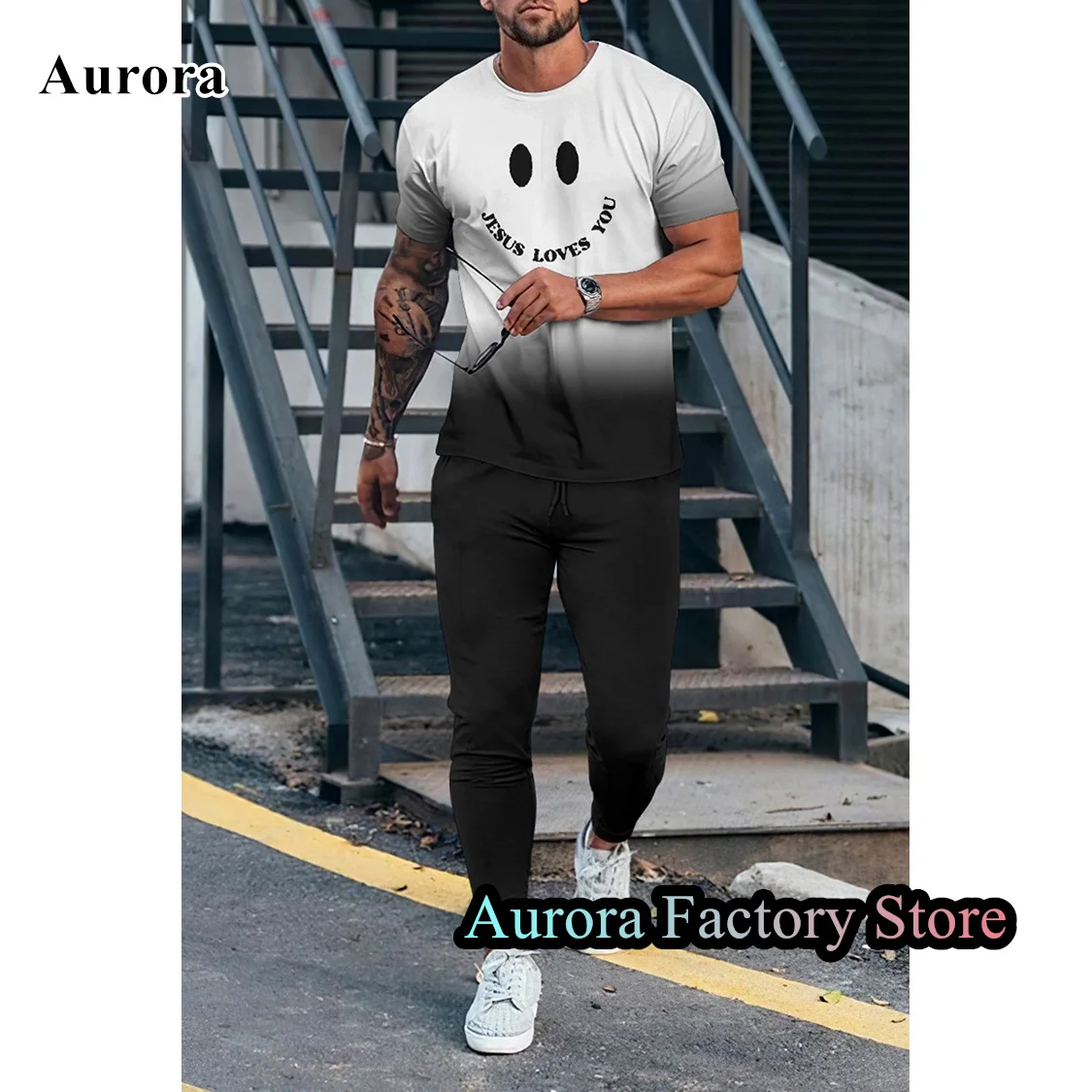 New Summer Men Fashion Trend Tracksuit Smile Printed T-Shirt Trousers Set Casual Jogging Suit Outfit Male Clothing Streetwear