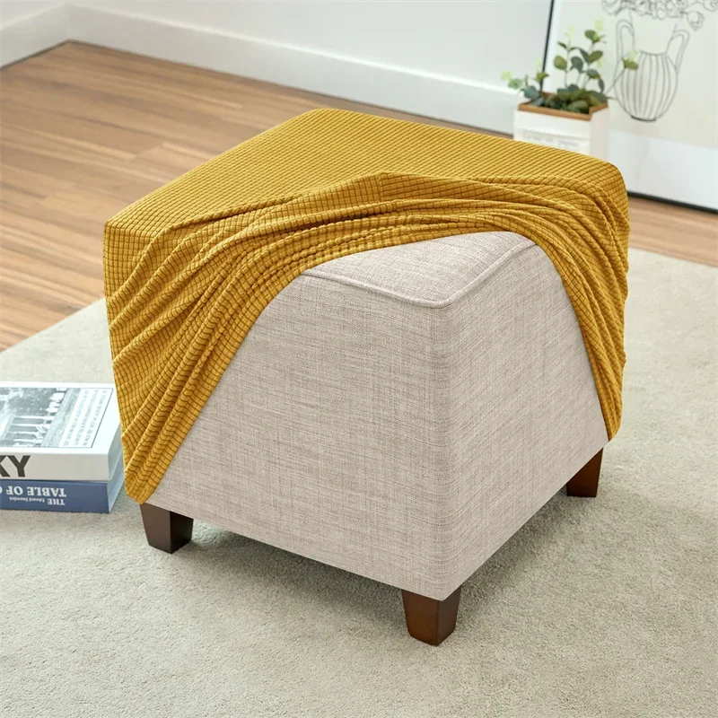 Solid Color Ottoman Stool Cover Stretch Polar Fleece Square Footstool Covers All-inclusive Footrest Slipcover Living Room Home 3