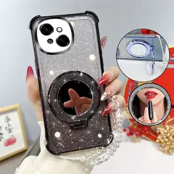 Glitter Shockproof Phone Case with Mirror Stand and Beaded Strap - Spark Go 2025 (Black)