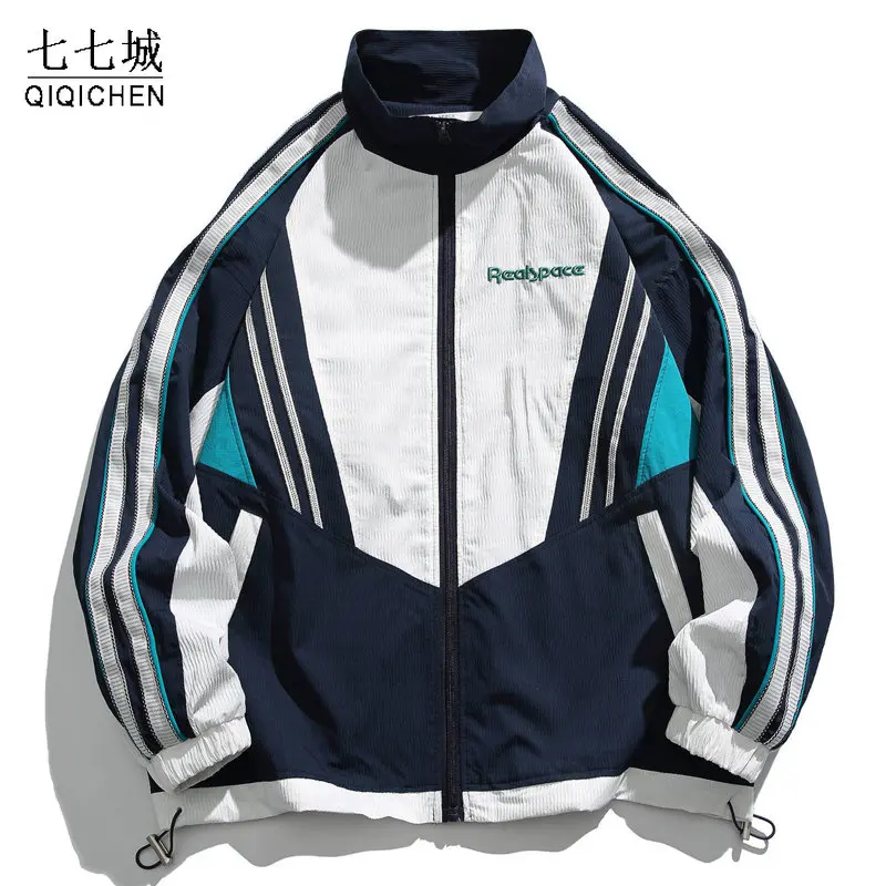 

Harajuku College Jacket Men Vintage Contrast Color Patchwork Thin Windproof Jackets Spring Oversize Coat Couple Streetwear Fall