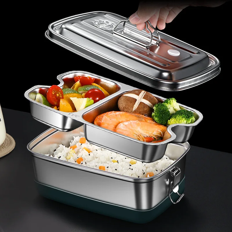 

Stainless steel heatable lunch box, kitchen sealed refrigerator storage crisper box, silicone double-layer compartment bento box