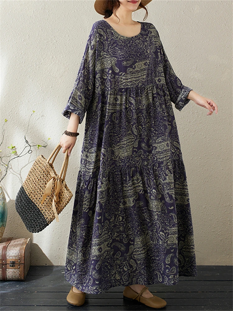 2025 Spring Autumn Cotton Vintage Print Dresses Women Casual Loose Long Sleeve Yellow Dress Femme Robe Vestidos Fashion Clothing