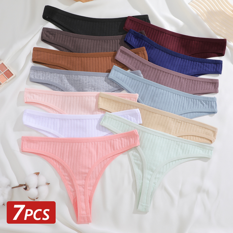 7PCS Women Cotton Panties Ribbed G-String Thongs Solid Color Sexy Lingerie Female Breathable Underwear Ladies Low Rise Underpant