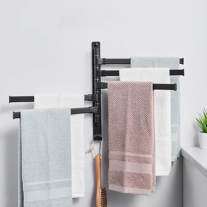 Black Bathroom 2/3/4/5 Arms Swivel Towel Bar Space Saving Swinging Towel Rack Wall Mounted Holder with Hooks