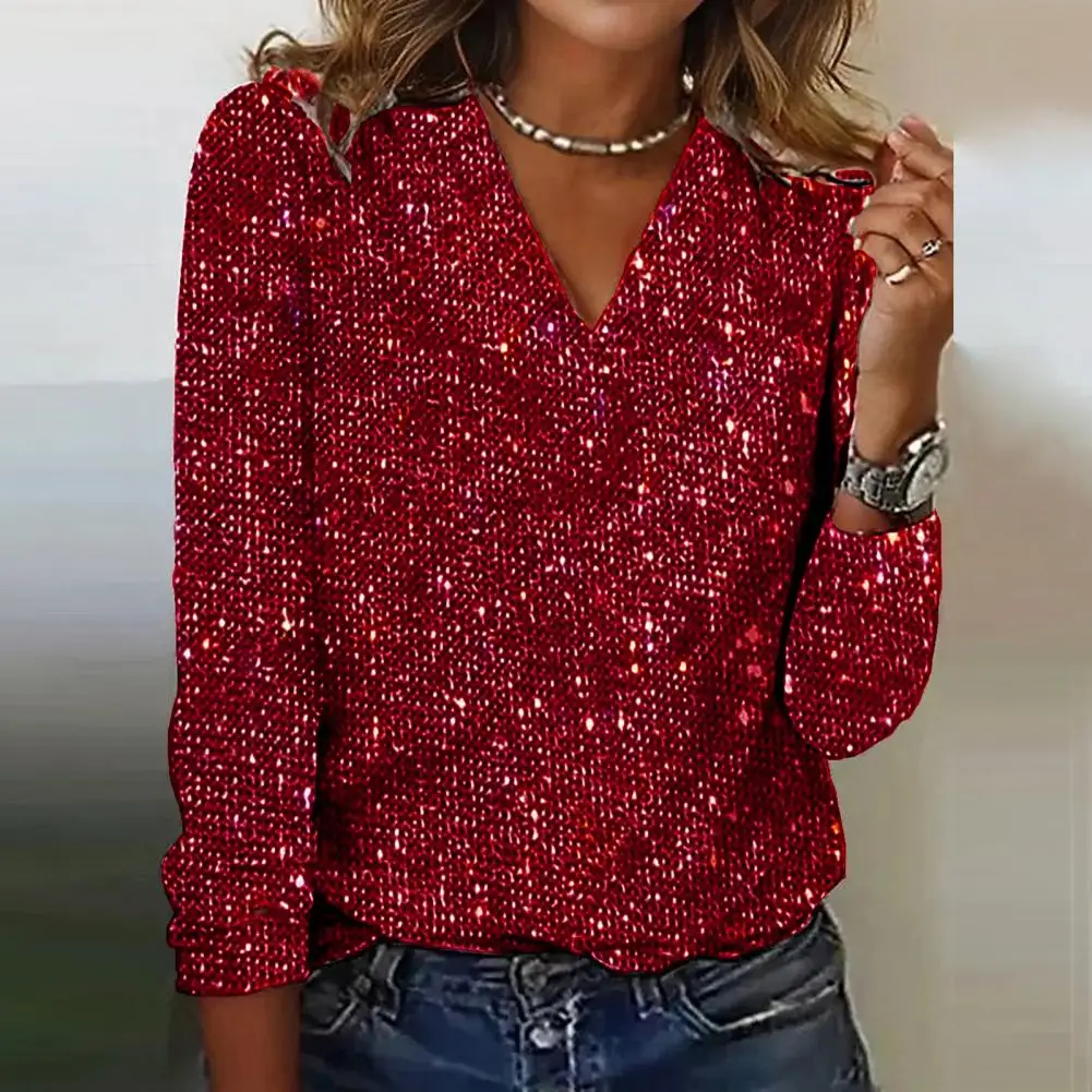 

Sequin Top Sequin V Neck Long Sleeve Blouse Soft Pullover for Women Breathable Commute Club Party Shirt Soft Stretchy V-neck Top