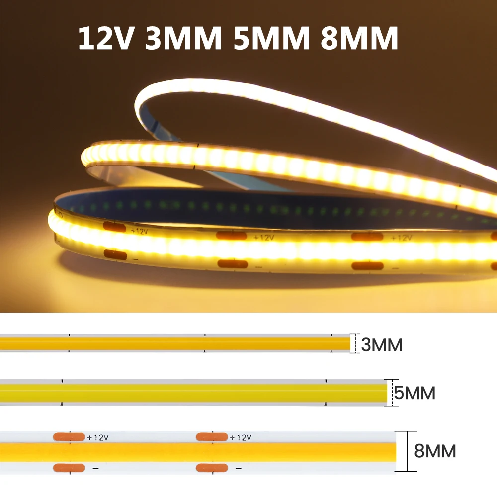 

12V 320LEDS/M COB Strip 3mm 5mm 8mm PCB High Density RA90 Linear Lighting 3000K 4000K 6000K Flexible Ribbon Tape Rope Lights