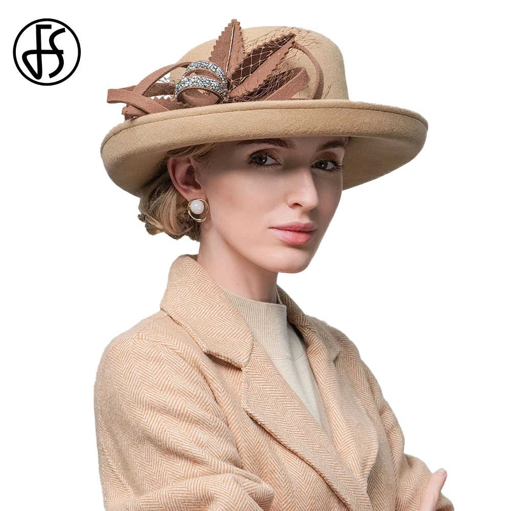 

FS Vintage Camel Cap Ladies Curl Brim Wool Felt Fedoras Bowler Hats For Women Formal Occasion Army Green Millinery 2023 Female