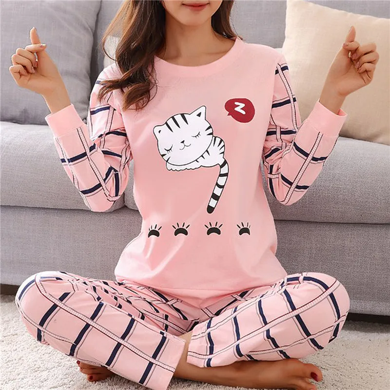 Spring Cute Cartoon Cat Print Pajama Set Women Two-pieces Long Sleeve ...