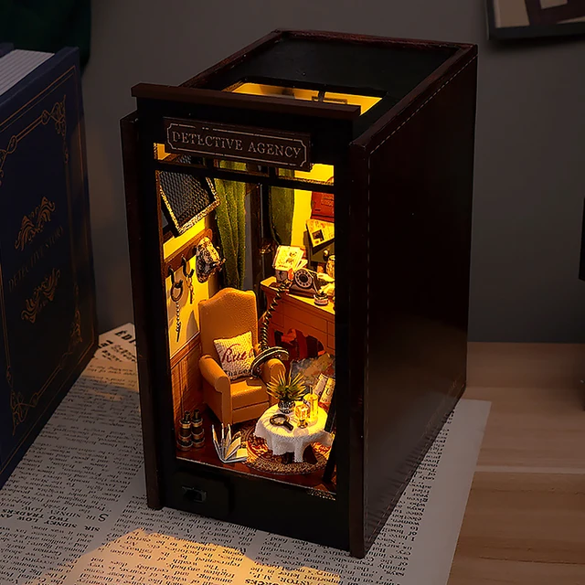 DIY Book Nook Kit Wooden Doll House 3D Puzzle Assembly Model Building Bookend Toy Home Bookshelf Insert Decor With LED Lights 5