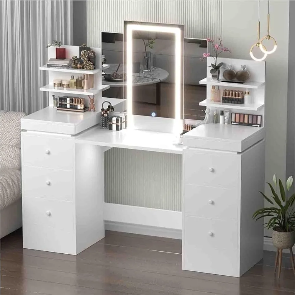

57.1inch Vanity Desk Set,Lighted Mirror & Tri-Folding Mirror & 8 Drawers & Open Storage Shelves,Bedroom Dressing Table.