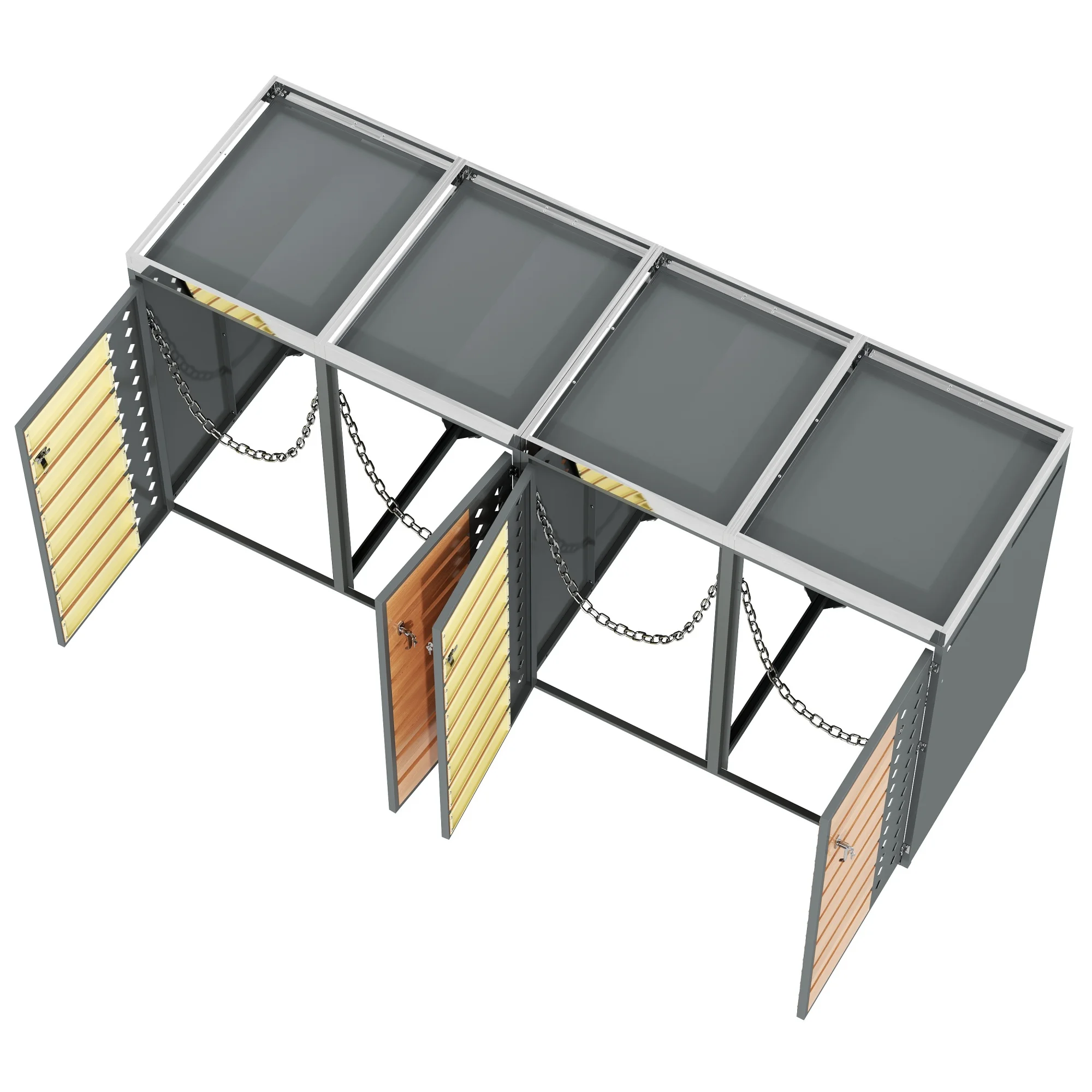Mülltonnenablage, horizontale Holzmaserungsplatten, abschließbar, vier Türen, Pflanzfläche, rautenförmiges Hohltürpaneel – Detail 17