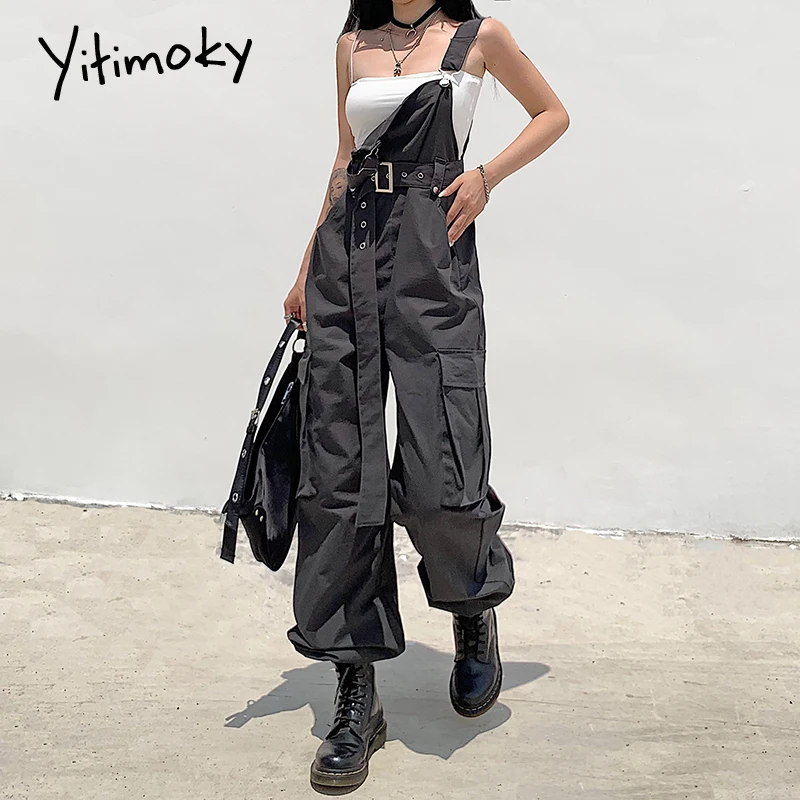 Уличный готический черный комбинезон Yitimoky 2022 женские брюки-карго на лямках с
