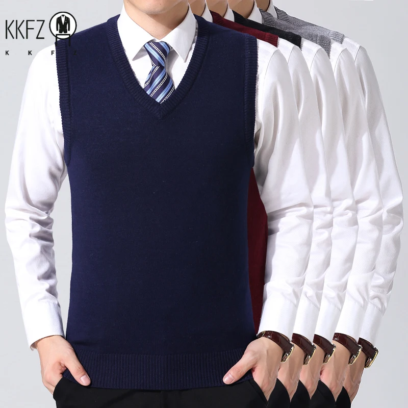 2024 Autumn Winter New Men's Solid Color V-neck Knitted Vest Casual Fashion Warm Sweater Versatile Top 2