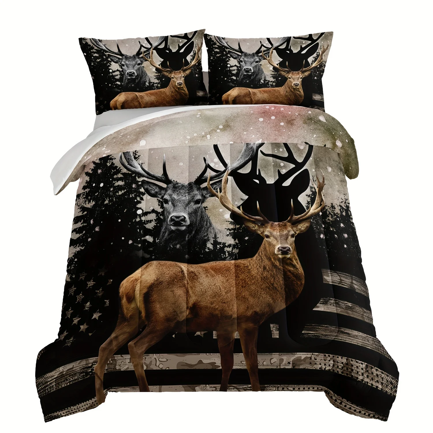 

3pcs Fashion Comforter Set (1 * Comforter + 2 * Pillowcase, No Core), Vintage Hunting Theme Forest Deer Print Bedding Set, Soft