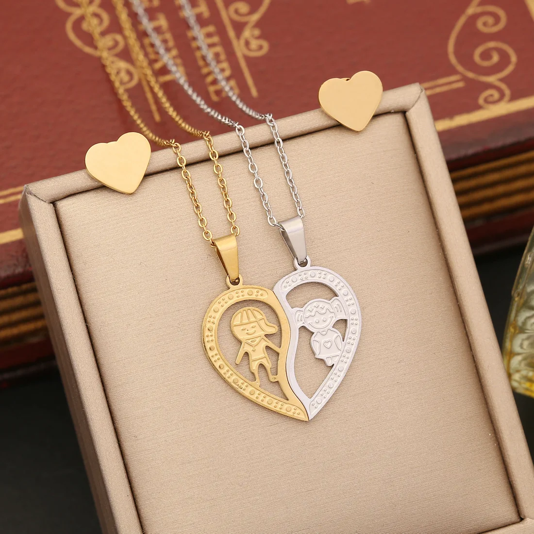 

316L Stainless Steel Gold Silver Colour Puzzle Key Heart Pendant Necklace Earring Set For Women High Quality Jewelry Gifts
