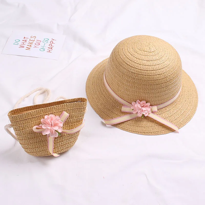 Summer Baby Flower Breathable Hat Straw Hat with Handbag Bags Kids Boy Girls Sun Visor UV Protection Panama Gorras baby sun hat