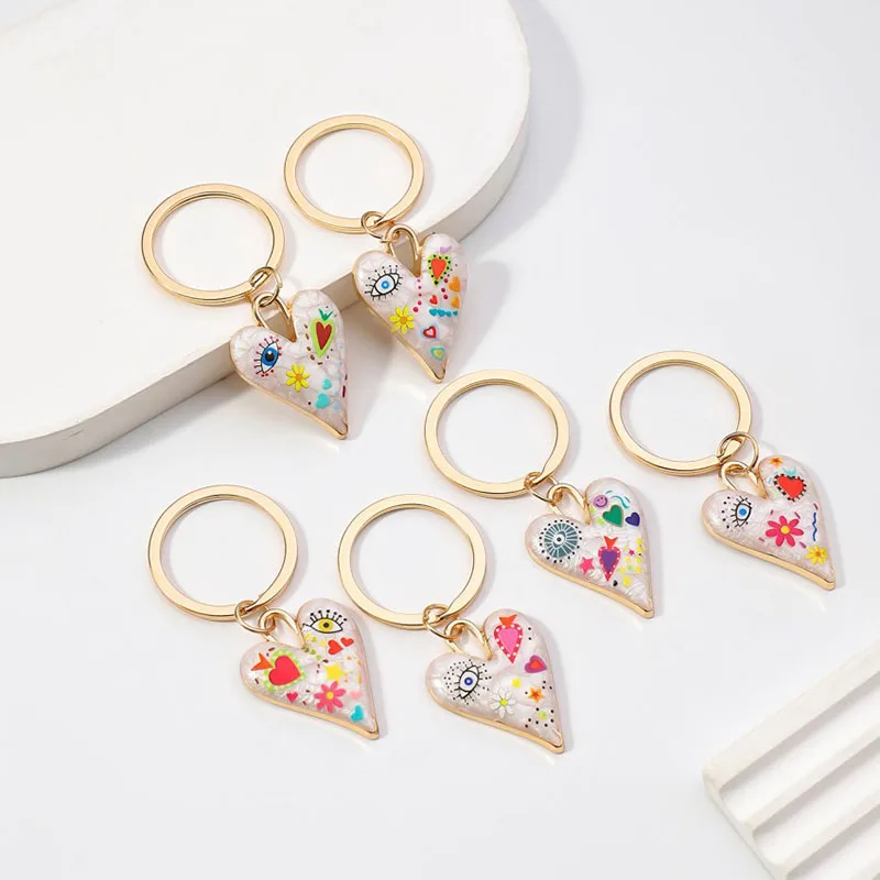 Mode Abstrakte Kunst Stil Herz Schlüsselbund für Frauen Persönlichkeit Emaille Auge Blume Herz Schlüssel Ring Tasche Auto Schlüssel Dekoration Jewely