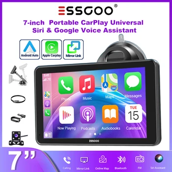 ESSGOO Radio Estéreo para Auto Universal Portátil con Pantalla Táctil 4K de 7 Pulgadas, Carplay Inalámbrico, Android Auto, BT, Mirror Link, AUX, Control por Voz, FM 1