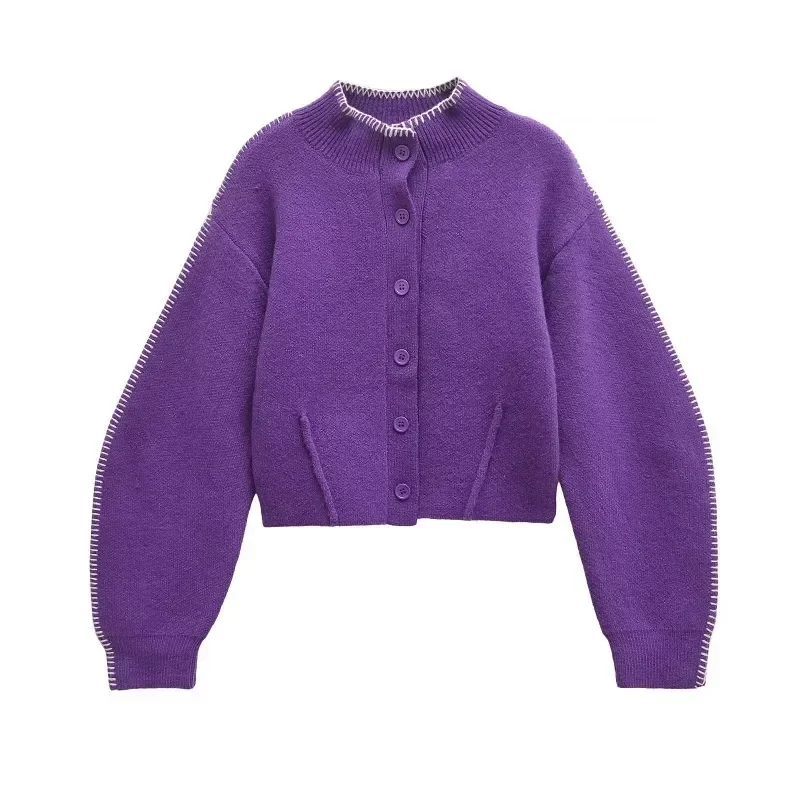 TRAFZR Cropped Cardigan Long Sleeve Cozy Sweaters Purple O