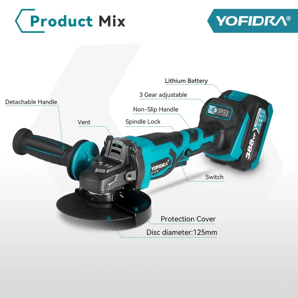 Yofidra 125mm Brushless Electric Angle Grinder 3 Gear Variable Cordless Grinding Cutting Woodworking Tool For Makita 18V Battery 3