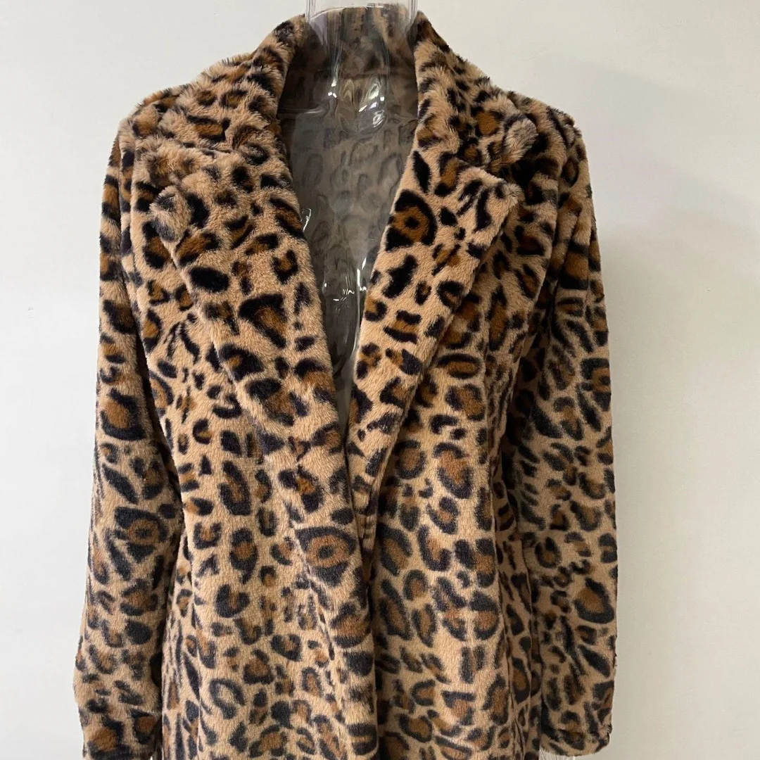 Women Autumn Winter Leopard Print Faux Fur Coat Long Sleeve Turn-down Collar New Fashion Outerwear Pocket Loose Thicken Overcoat 3