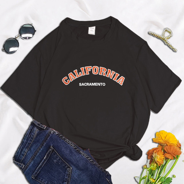 California USA Retro Letter Women T Shirt 2022 Summer Round Neck Y2K Funny Polyester Cartoon T-shirt Graphic Streetwear
