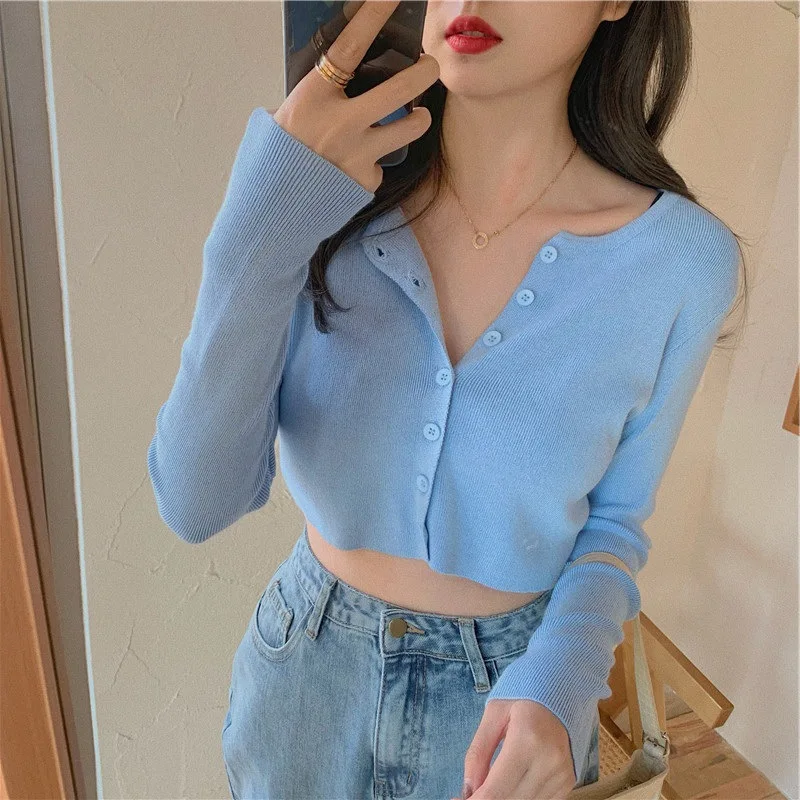 Korean Style Women O-neck Knitted Cardigan Short Sweaters 2025 Fashion Long Sleeve Button Crop Top Knitwears 28116