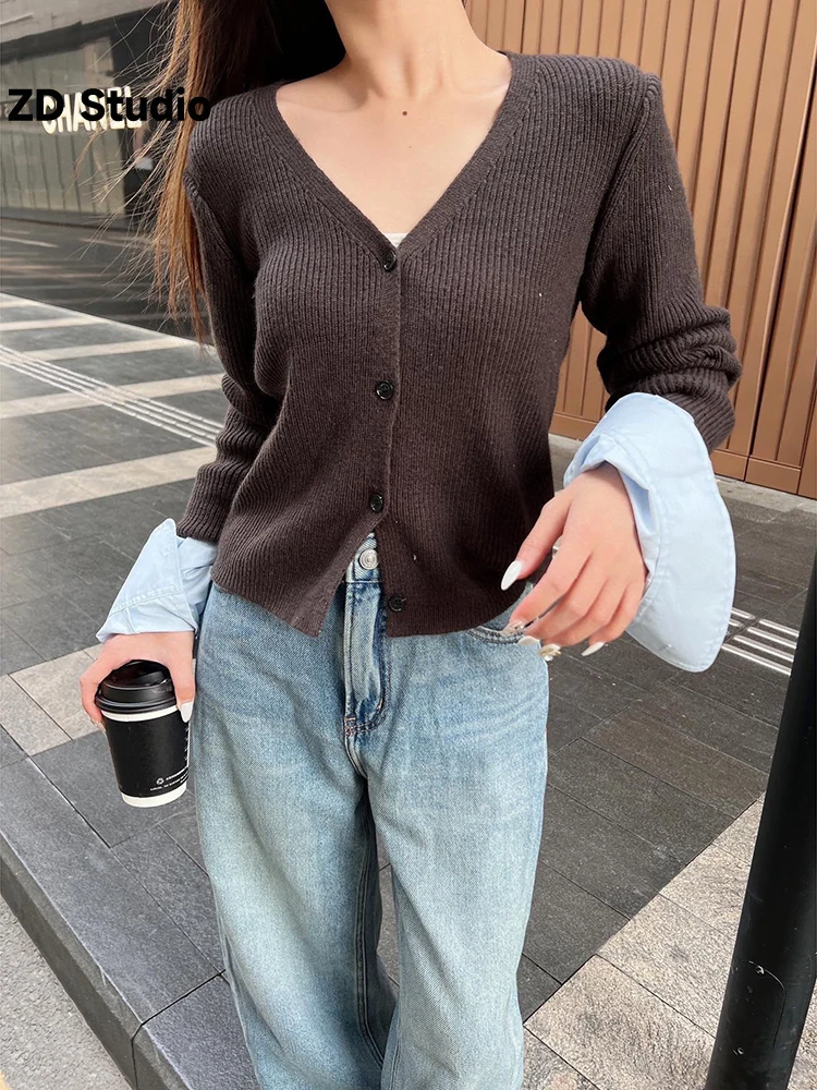 

[ZD Studio] AW23 Autumn/Winter New Shirt Sleeve Sweater Cowherd Rib Round Neck Pullover Fashion Versatile Slim Fit V-neck