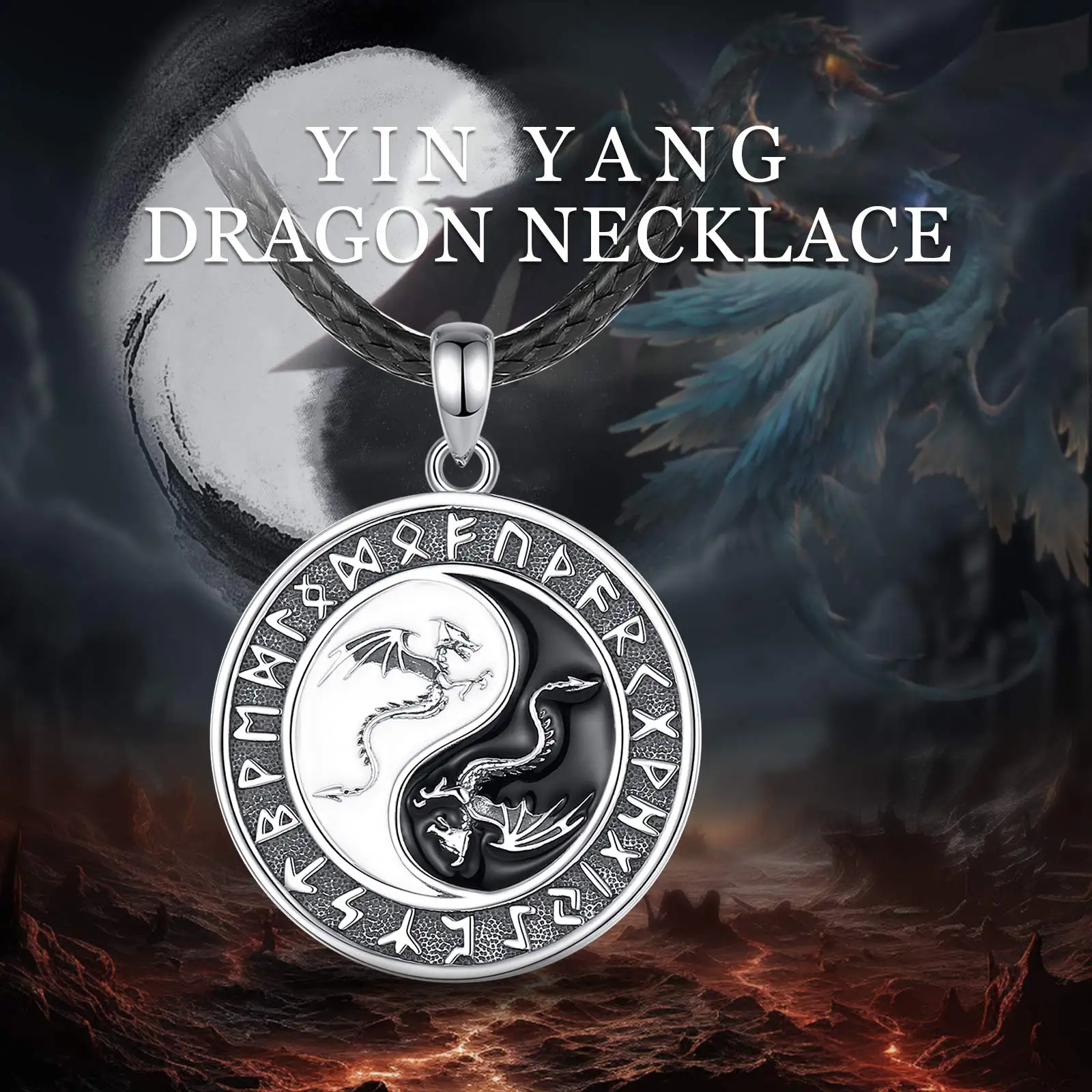 Eudora 925 Sterling Silver Viking Runes Dragon Necklace for Women Man Yin Yang Tai Chi Amulet Pendant Personality Jewelry Gift pendant necklace silver necklace silver necklace charms