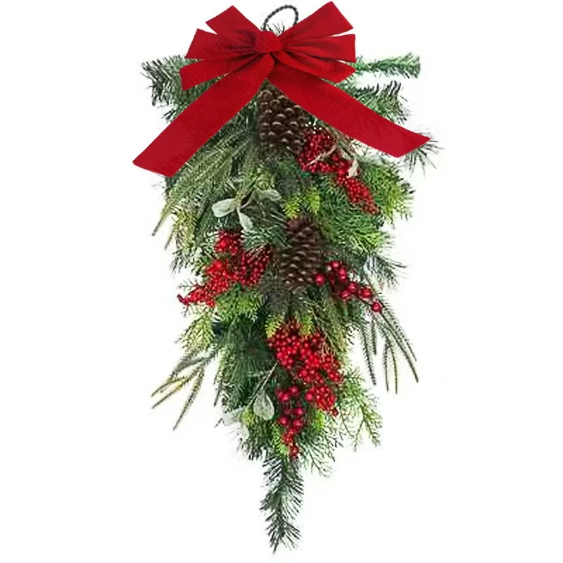 Upside-Down Teardrop Christmas Garland - PE & Vine Wall Decor with Velvet-Touch Berries and Bow, Ready-to-Hang Holiday