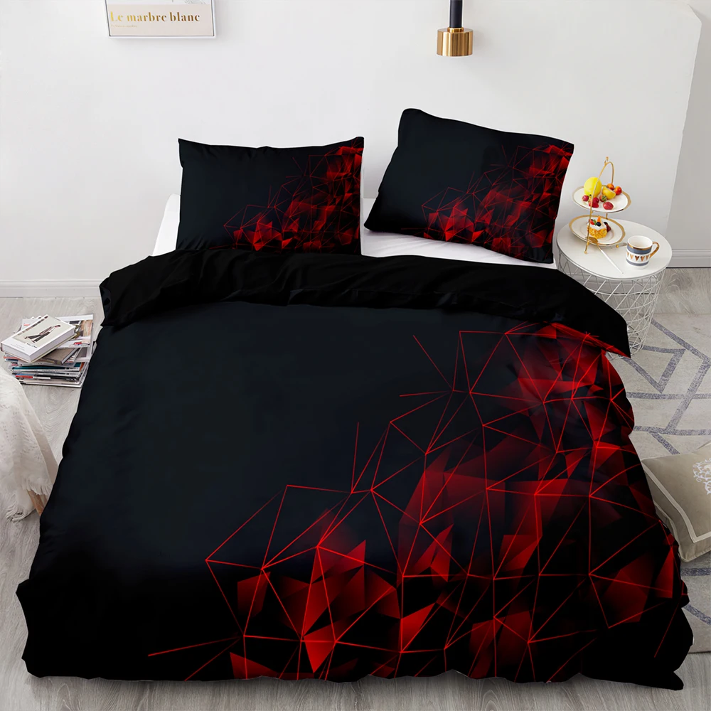 

Set tempat tidur pola kotak poligonal bercahaya merah, Set selimut penutup dengan sarung bantal, 260 × 220, sarung selimut hitam