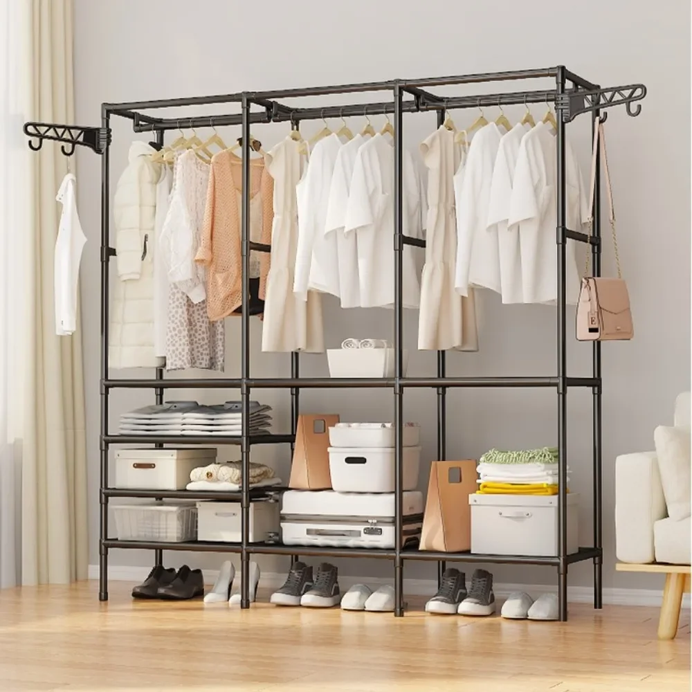 Clothes Rack Double-Row Floor For Clothes And Shoes Household Storage Shelf Clothes Hanger Simple Assembly Large Wardrobe Hangers