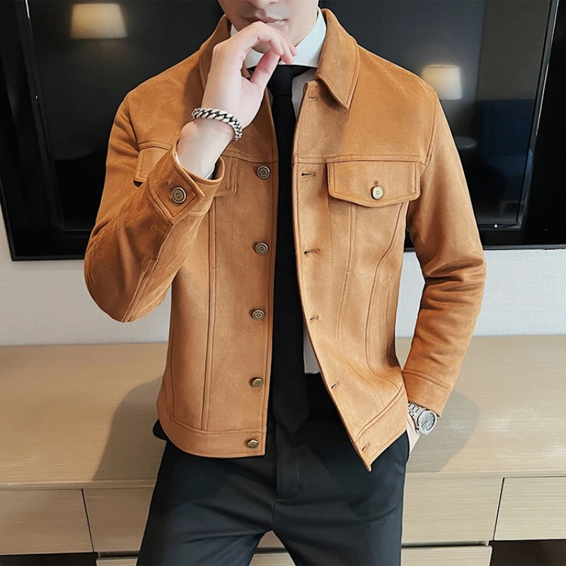Autumn Winter Suede Jacket for Men Solid Color Casual Business Lapel Jackets Slim Fit Thickened and Warm Social Streetwear Coat