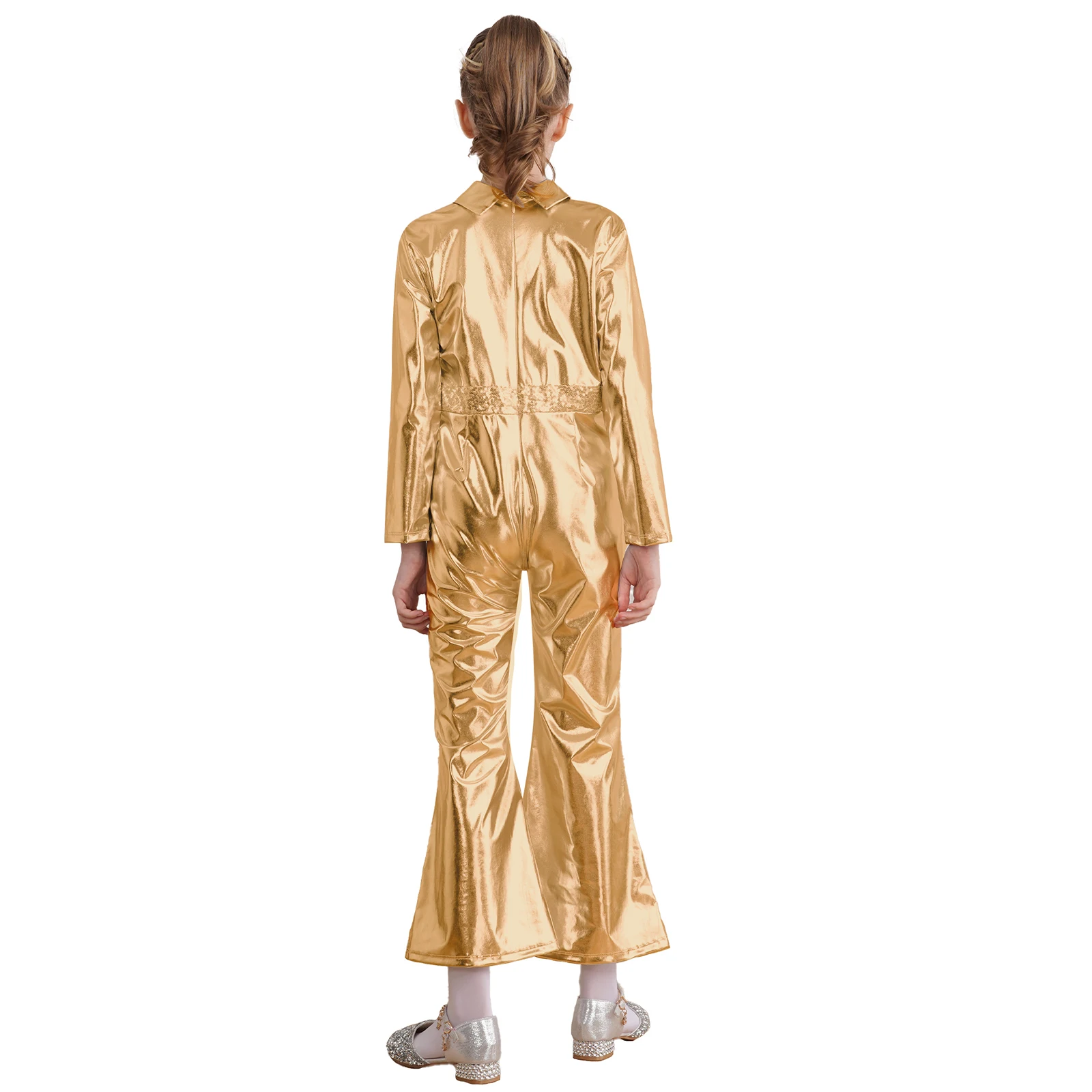 Boys Girls Retro Disco Dance Costume Party Stage Performance Metallic Shiny Long Sleeve Bell-Bottomed Bodysuit Jumpsuit for Kids