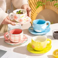 300ML Korean Style Hand Pinched Irregular Ceramic mug Hand-painted Flower Heart Coffee Cup Breakfast Milk Afternoon tea cup Gift 2