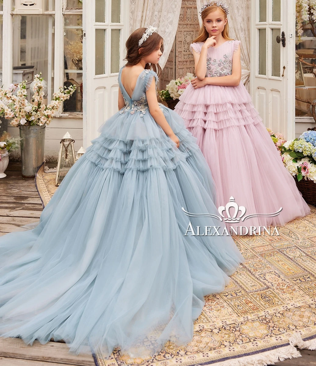 

Extra Puffy Flower Girl Dresses for Wedding Sleeveless Children Birthday Gowns Tiered Ruffles Kids First Communion Dresses