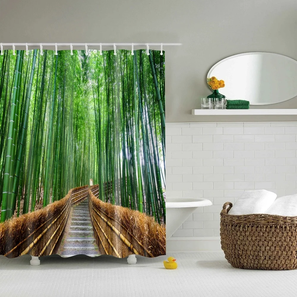 

Bamboo Grove landscape Shower Curtain Bamboo bridge Green Bamboo Corridor bathroom Printed background Home Curtain