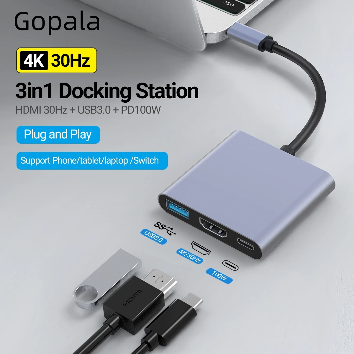 3 IN 1 HUB Type C to VGA 1080P Converter Compatible USB3.0 PD100W with MacBook Pro iPad Pro Chromebook Pixel Laptop