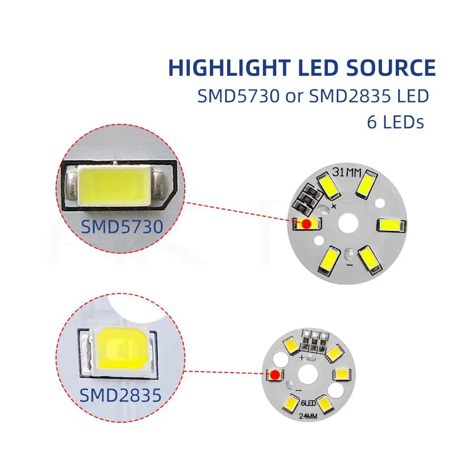10 Teile/los Runde LED-Lichtplatine DC 5 V 3 W Niederspannung 5730 2835 SMD 6 LEDs 3000 K Warm oder Weiß 6000 K Dimmbare Glühbirne Lampenpanel – Detail 3