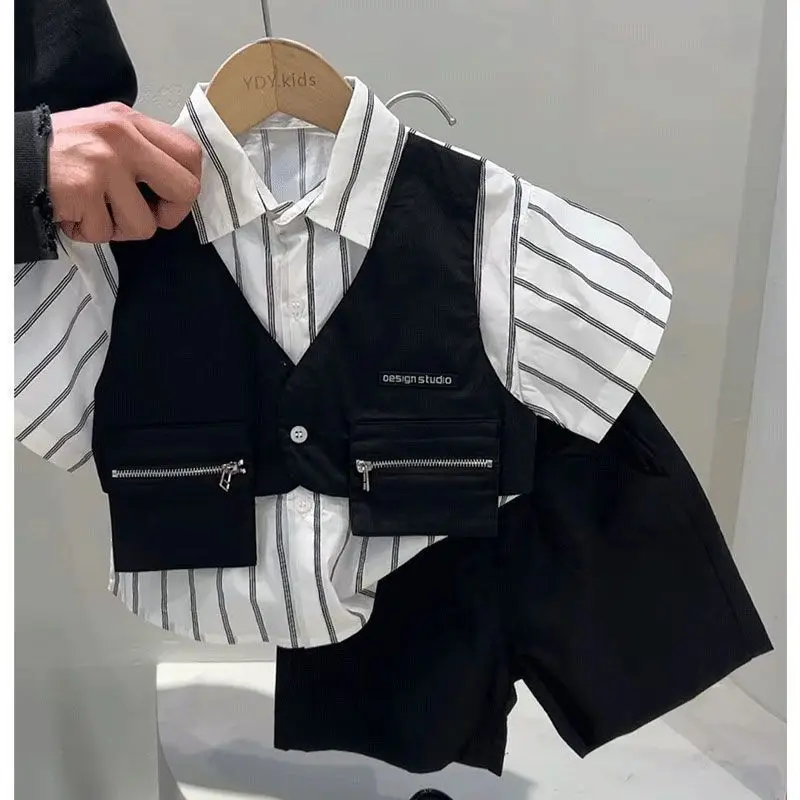 

Baby Boys Children Suits Summer Kids Fashion casual Fake two pieces Vest Waistcoat Stripe Shirt+Shorts 2Pcs Sets Handsome