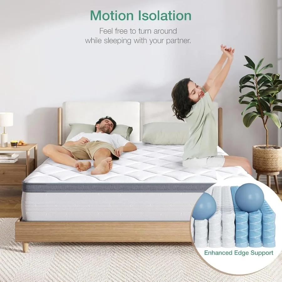 14 Inch Hybrid Mattress in a Box with Individual Pocket Springs for Superior Motion Isolation Enhanced Support and Pressure Rel