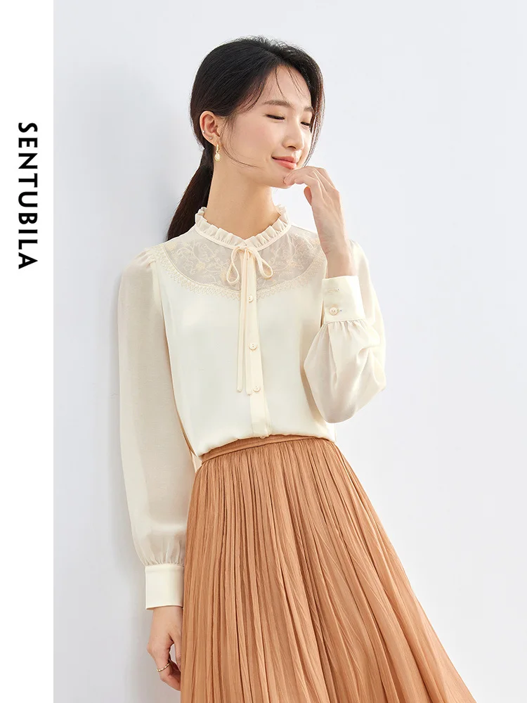 SENTUBILA Lace-up Ruffled Loose Long Sleeve Blouse Woman 2024 Spring Apricot Button Up Embroidery Women's Shirt Tops 141C52846