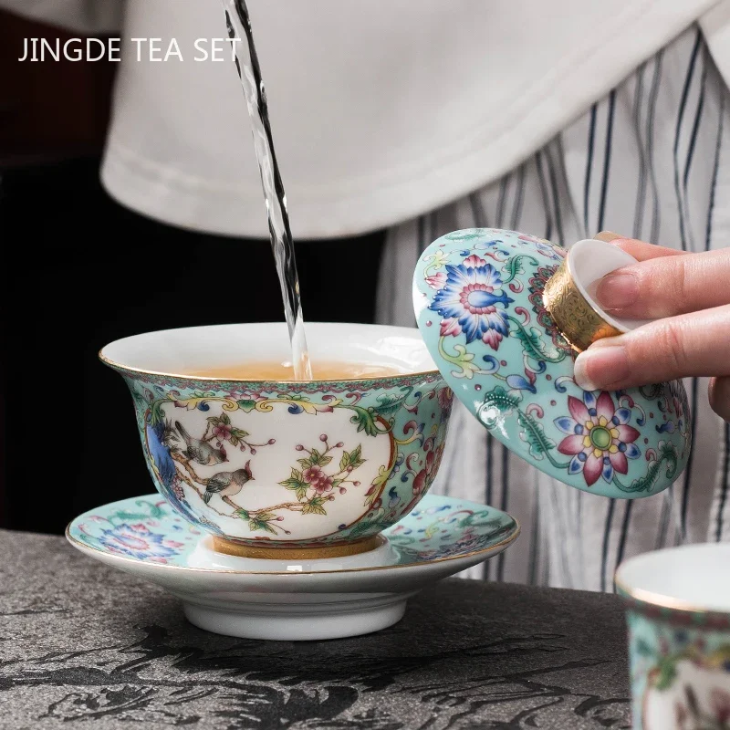 Jingdezhen Enamel Color Ceramic Gaiwan Chinese Tea Set Sancai Tea Bowl Portable with Cover Teacup Household Teaware