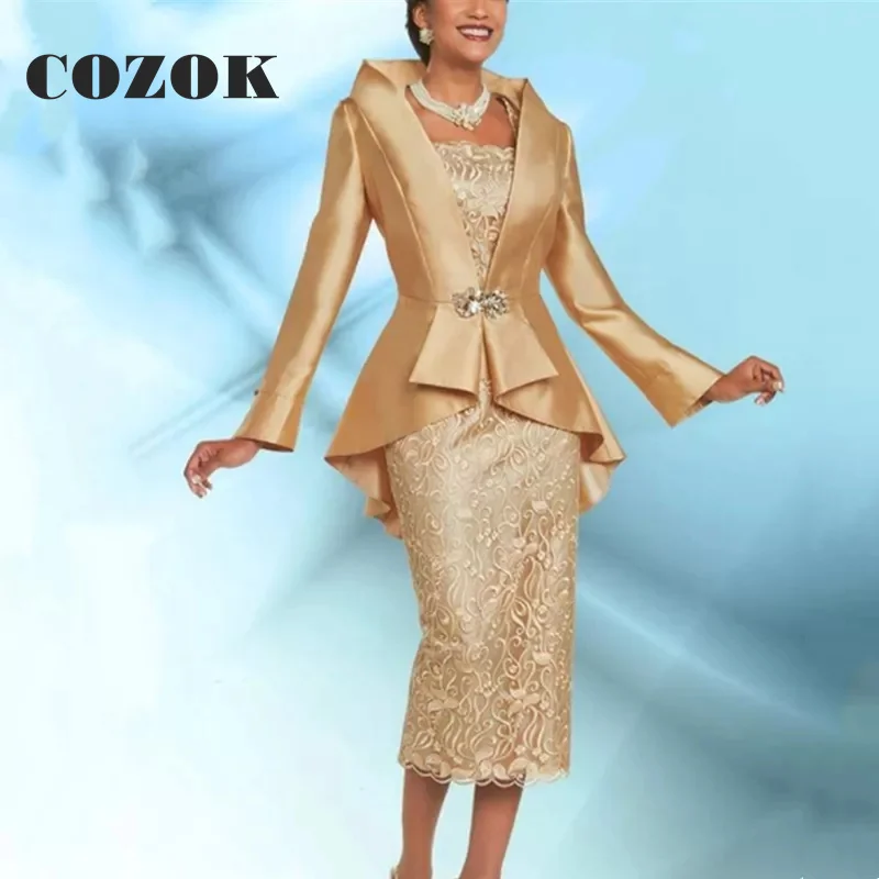

Gold Elegant Tea Length Mother Of The Bride Dress Long Sleeve Wedding Guest Dress Formal Evening Gowns Vestidos De Fiesta SX76